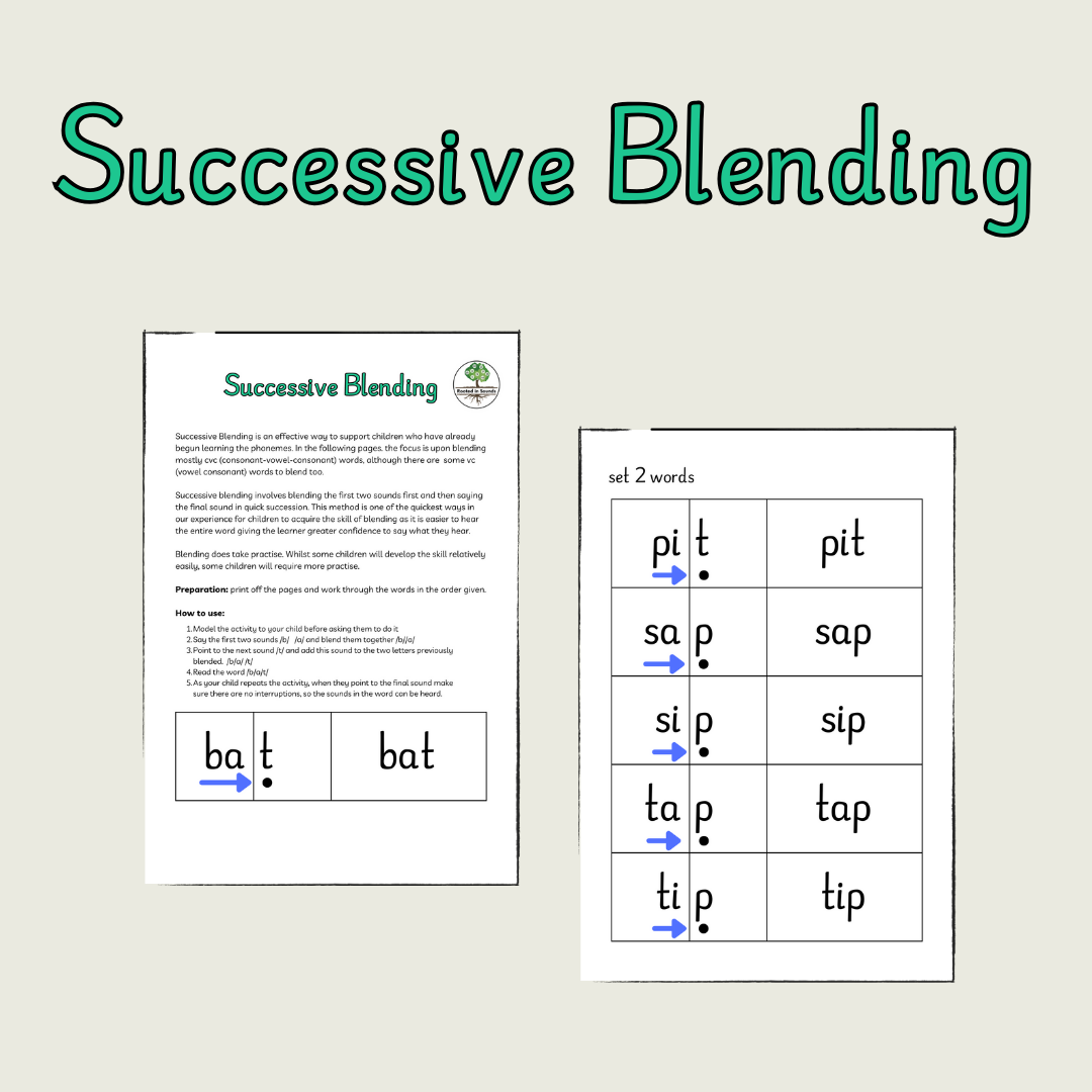 Successive Blending educational resource for teaching children to blend sounds and read VC and CVC words.